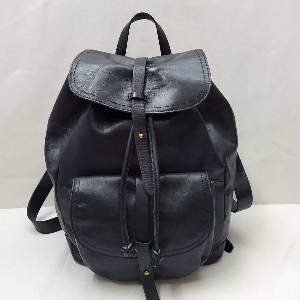 Madewell Black Leather Front Pocket Drawstring Large Backpack